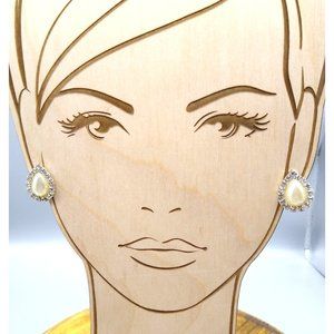 Vintage Pearl Teardrop Earrings with Crystal Halo, Silver Tone Clip On, Classic